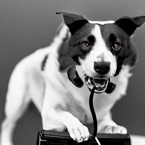 Image similar to A prize-winning highly detailed vintage black-and-white grainy damaged photograph of a dog playing Xbox with an intense expression as it barks into a headset