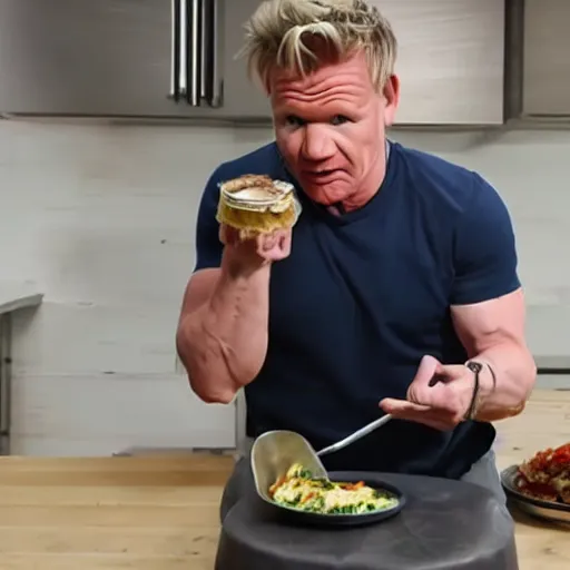 Image similar to gordon ramsay eating the food from trash bin caught on camera