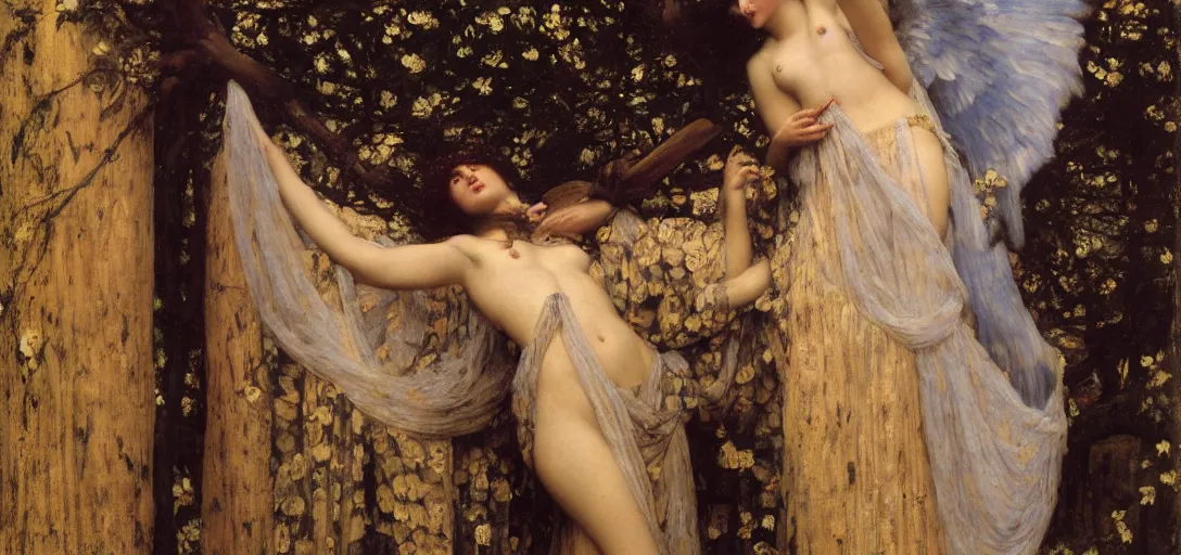 Prompt: angel emerging from veil of darkness by herbert james draper, sir lawrence alma - tadema, john william godward. oil painting on wood. 1 8 9 6