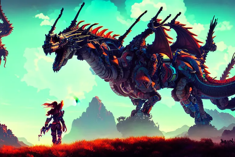 Image similar to dragon machine mecanical creature robot of horizon forbidden west horizon zero dawn bioluminiscence global illumination ray tracing hdr fanart arstation by ian pesty and alena aenami artworks in 4 k