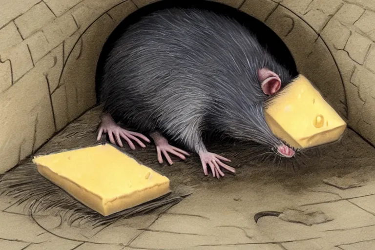 Image similar to a giant creepy rat eating cheese in a sewer, photo - realistic, hyper realism,