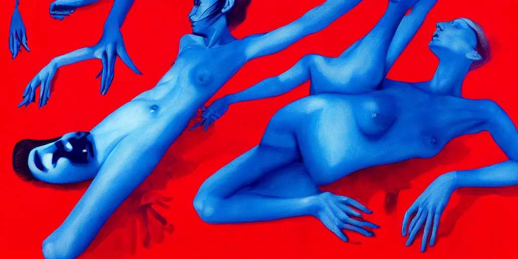 Image similar to only with blue, high fashion model shooting a cop, too many hands in all directions, in hoc signo vinces, waterfall, in the style of leonora carrington, gottfried helnwein, intricate composition, blue light by caravaggio, insanely quality, highly detailed, masterpiece, red light, artstation