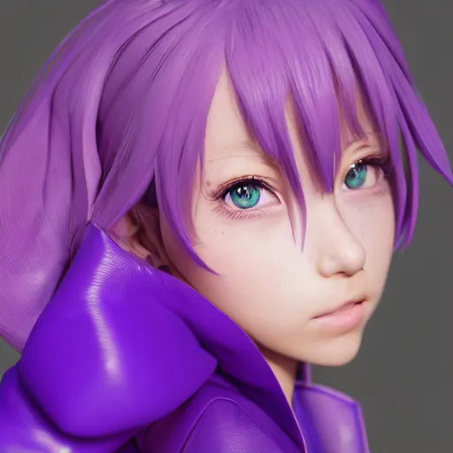 Image similar to portrait of a anime girl with purple jacket design by antonio mello, character modeling, toy design, substance 3 d painter, blender, mental ray, zbrush, soft vinyl, bio luminescent, maximalist sculpted design portrait, studio photo, 7 0 mm lens, trending in artstation