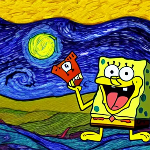 Prompt: a still from spongebob in the style of starry night