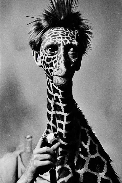 Prompt: photographic portrait max ernst sad woman giraffe feathers face editorial cigarette smoke, holding a cat