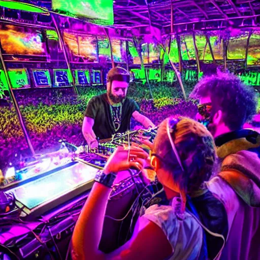Image similar to the year is 2 0 3 5 people are visiting a music show enhanced by artificial intelligence, where nature plays an elementary role. there are genetically modified plants that have grown into the mainstage upon which the dj is performing a solarpunk show