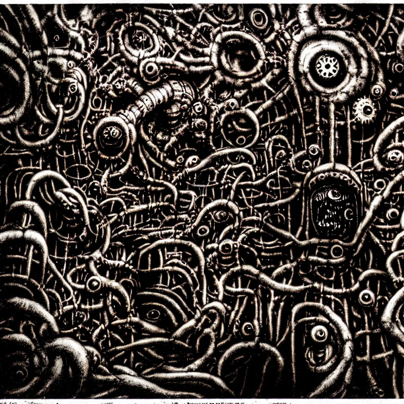 Prompt: a bizarre industrial nightmare full of unspeakable creatures, cosmic horror, technology, abstract, surreal, hell, horror, dark, intricate textures, 3 5 mm, film shot
