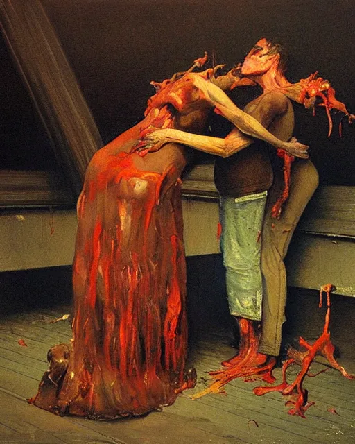 Prompt: couple embracing each other inside a cold slaughterhouse room in the style of Francis Bacon and Syd Mead and Norman Rockwell and Beksinski, hanging beef carcasses, slaughterhouse, open ceiling, highly detailed, lovers embracing painted by Francis Bacon and Edward Hopper, painted by James Gilleard, surrealism, airbrush, very coherent, triadic color scheme, art by Takato Yamamoto and James Jean