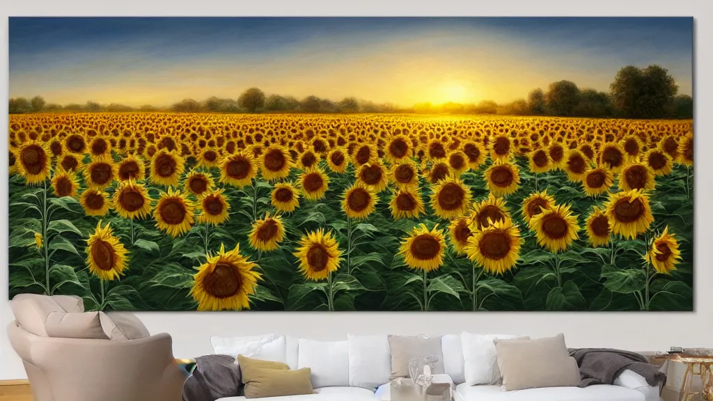 Prompt: beautiful stunning inspiring painting of a calm peaceful sunflower field landscape at sunrise, warm lighting, fantasy, concept art, unreal engine, hyperrealism, trending on artstation