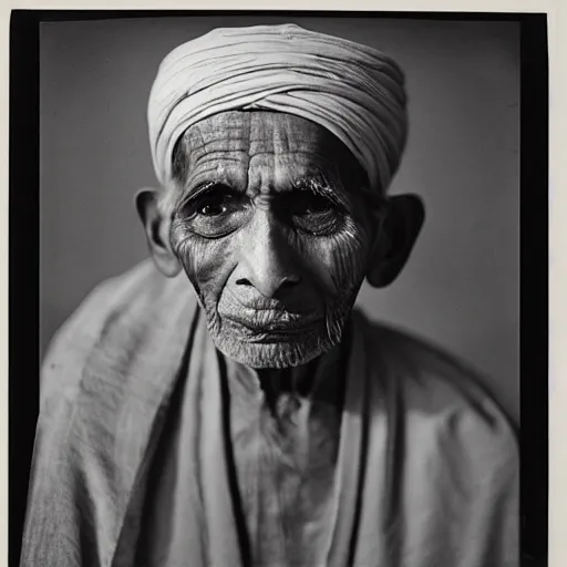 Prompt: photo, portrait of 100 year old Indian holy man by richard avedon, realistic, Leica, medium format, cinematic lighting, wet plate photography, parallax, high resolution,