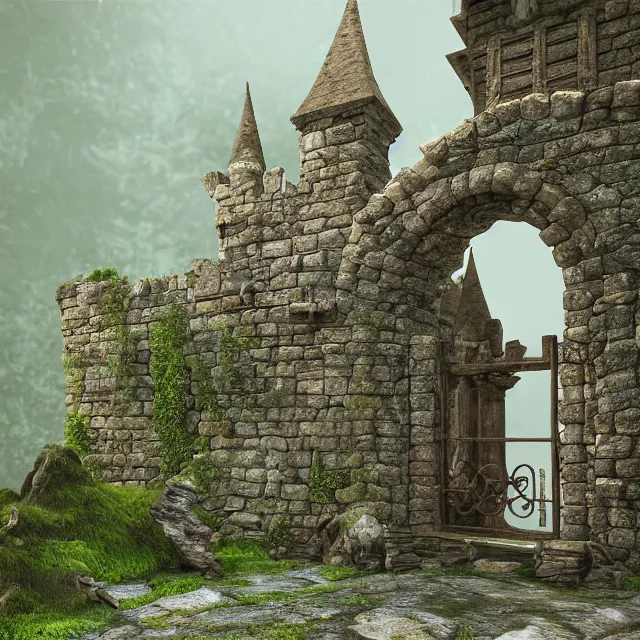 Image similar to a beautiful realistic detailed castle carved in a stone, gate, surreal, surrounded by mold and moss, photorealistic, octane render, volumetric lighting, 8 k, cinematic lighting, hd