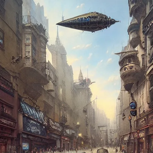 Image similar to a hyperrealistic painting of a steampunk airship pilot standing in the street of a bustling city, blue skies, by john kenn mortensen and zdzislaw beksinski, highly detailed, vivid color,