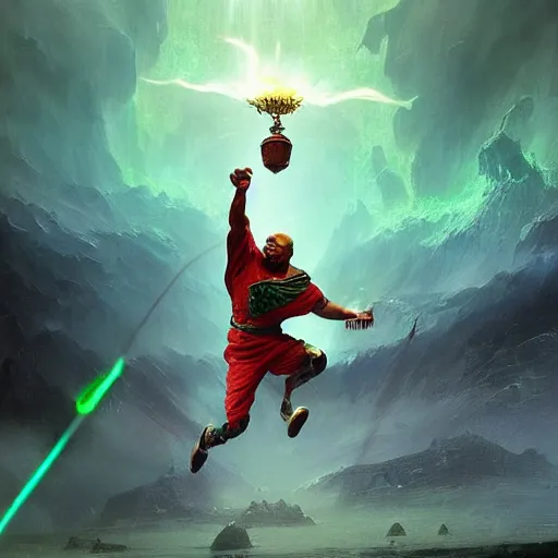 Prompt: ''cinematic shot'' charles barkley chaos dunk sparks flying simetrical 8 k atmosferic realistic, green cape, holding a bell, made by ivan aivazovsky, peter mohrbacher, greg rutkowski volumetric light effect broad light oil painting painting fantasy art style sci - fi art style realism premium prints available artwork unreal engine
