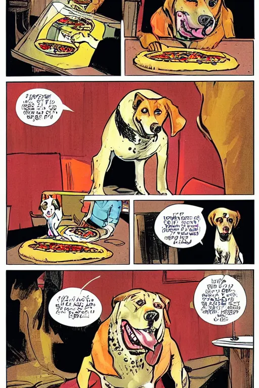 Image similar to happy dogs eating pizza, graphic novel, high contrast, by bill sienkiewicz