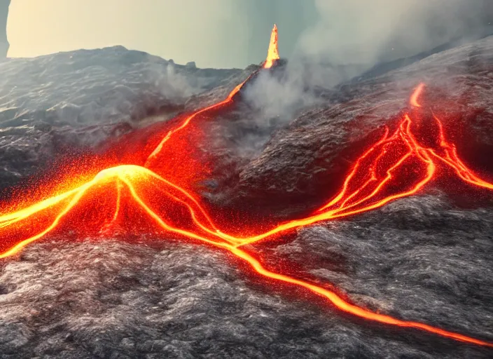 Image similar to highly detailed photo of an erupting volcano with lava flowing down the sides, film, photography, bokeh, Canon 50mm, cinematic lighting, volumetric light, octane, octane render, redshift render