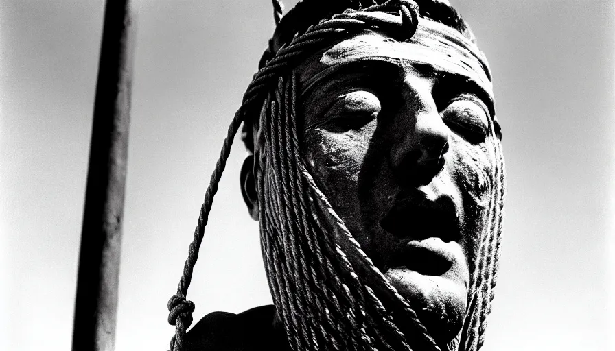 Image similar to 1 9 6 0 s movie still close - up of marcus atilius regulus'face tied with ropes at a pole with wide - open eyes looking directly at the burning sun, his eyes are bleeding intense, cinestill 8 0 0 t 3 5 mm b & w, high quality, heavy grain, high detail, texture, dramatic light