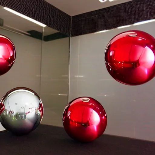 Prompt: chrome spheres on a red cube by yoshitaka amano