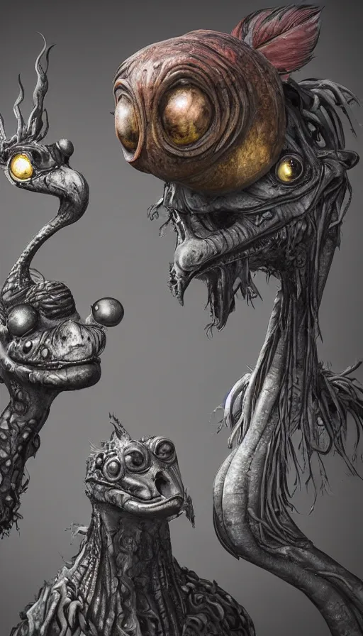 Image similar to a strange bird turtle giraffe chimp chimera creature with scales and feathers and fins waiting for the bus with other monsters, on an alien planet, platonic forms, in the style of shaun tan, sam shearon, dr seuss, leng jun, close up, fantastic, wonderful, science fiction, dramatic studio lighting, 3 d sculpture unreal engine