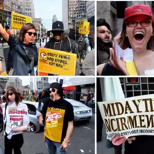 Image similar to NYTimes article: famous celebrities protesting in front of Mcdonalds over fry shortage