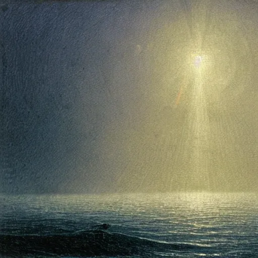 Image similar to small male with long curly hair figure in epic foggy deep sea, expansive view, dozens of thin glowing straight lines extend from ground into the sky, by Caspar David friedrich