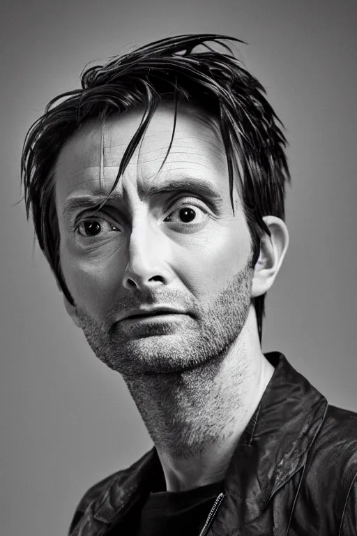 Image similar to photo of David Tennant as the 10th Doctor in the style of Peter Lindbergh,