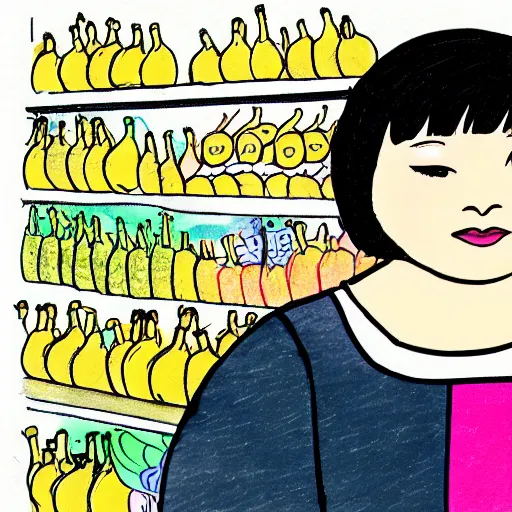 Prompt: cute penial drawing of a slightly chubby 28 year old Korean woman standing in a grocery store next to the bananas