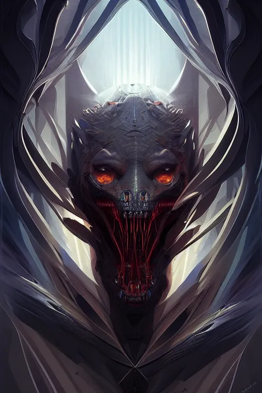 Image similar to professional concept art semi - symmetric portrait of a terrifying! mechanical predatory! fractal! species in a dark room by artgerm and greg rutkowski. an intricate, elegant, highly detailed digital painting, concept art, smooth, sharp focus, illustration, in the style of cam sykes.