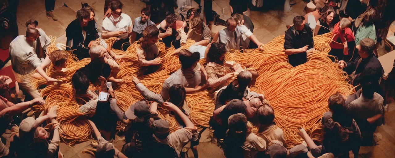 Prompt: a group of people being consumed by a giant bowl of spaghetti, fear, anxiety, canon 5 0 mm, cinematic lighting, photography, retro, film, kodachrome