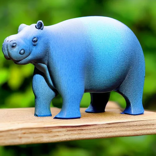 Image similar to a beautiful minimalist curvy shaped small sculpture of hippopotamus hippo baby, wood and blue epoxy, cubic blocks mix stripes cuts, detailed, fine, gorgeous