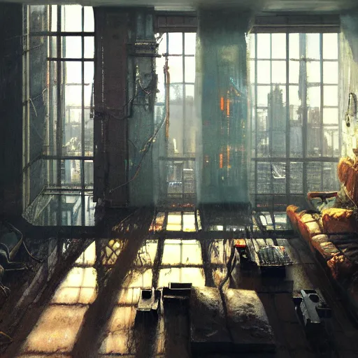 Image similar to cyberpunk living room interior, windows, light rays, buildings, dystoptian, gorgeous view, depth, painted by Seb McKinnon, clouds, tending on artstation