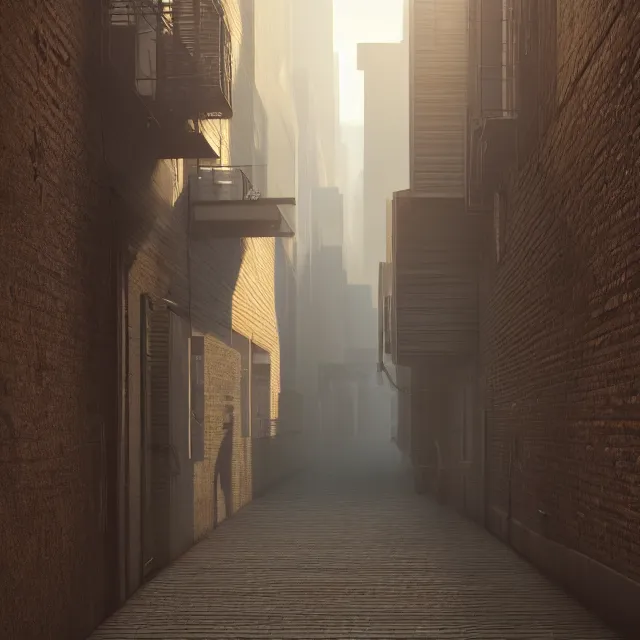 Image similar to a long narrow alleyway between buildings leading into the horizon by joseph ducreux, artstation, volumetric lighting, perfect, high detail