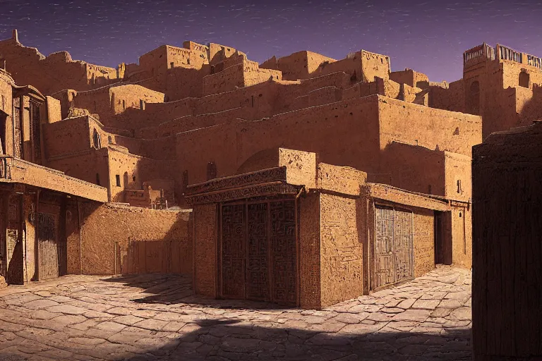 Image similar to in the middle of a adobe house kasbah town, mud and brick houses, merchant street, pueblo dense architecture, narrow streets, colorful crowd. Huge persian temple in the background with round roof, big door. Scenic view at night, underexposed, clean horizon, matte painting by craig mullins and Anato_Finnstark, dark fantasy, style of game of thrones, concept art trending on artstation, 4k, insane details