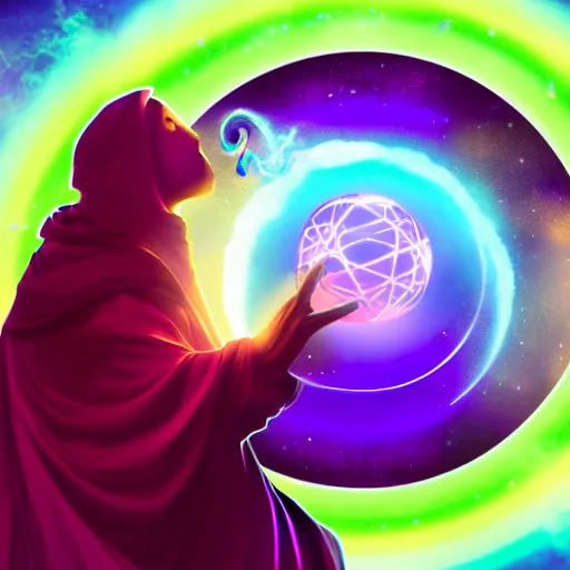 Image similar to a warlock is casting a magic spell, while magic orb is floating in his hand, the magic orb emit a rainbow vapour, dynamic pose, chromatic aberration , medium level shot, Mucha style , Grim fantasy, illustration ,concept art,