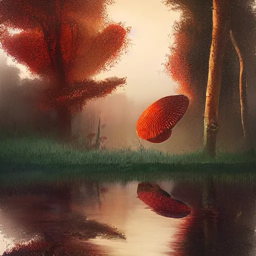 Image similar to huge orange and red mushroom in the woods, puddles of water, sunset, orange glow, foggy, by finnian macmanus and greg rutkowski