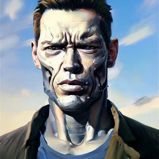 Prompt: greg manchess portrait painting of the t - 8 0 0 terminator, medium shot, asymmetrical, profile picture, organic painting, sunny day, matte painting, bold shapes, hard edges, street art, trending on artstation, by huang guangjian and gil elvgren and sachin teng