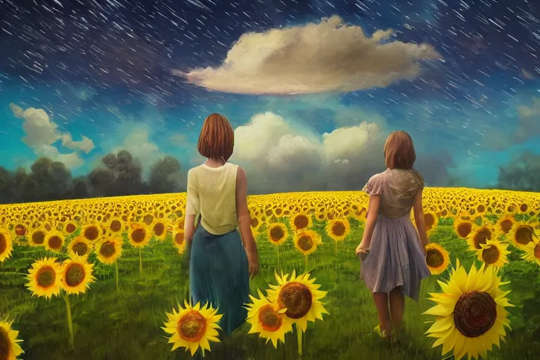 Image similar to giant sunflower as a head, girl walking in daisy field, hills, surreal photography, dark night, star trails, dramatic light, impressionist painting, clouds, digital painting, artstation, simon stalenhag