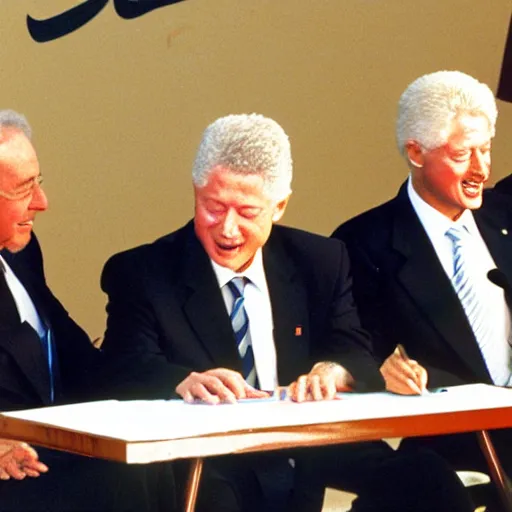 Prompt: israeli prime minister yitzhak rabin, u. s. president bill clinton, and yasser arafat at the oslo accords signing ceremony on 1 3 september 1 9 9 3