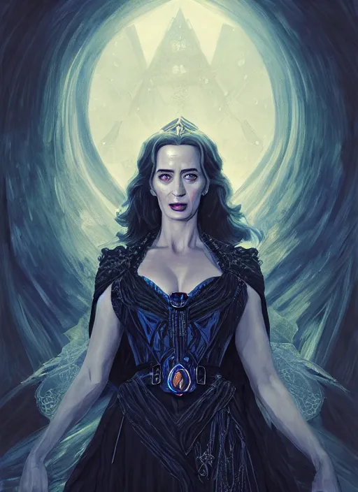 Image similar to portrait of emily blunt as witch queen, jewelry, greek, sapphire, victorian age, 1 8 9 0, intricate, headshot, key visual, conceptart, ambient lighting, highly detailed, digital painting, artstation, concept art, sharp focus, by makoto shinkai and akihiko yoshida and greg manchess