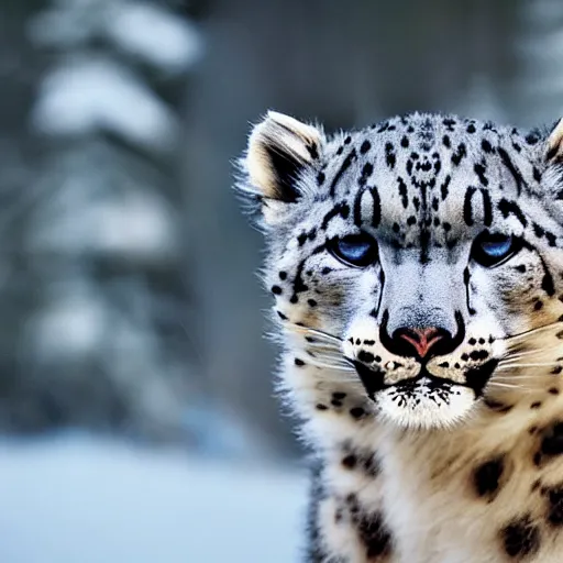 Image similar to very very very cute snow leopard, portrait, pixar style, winter forest background, cinematic lighting, award winning creature portrait photography