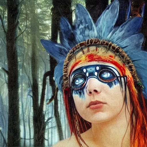 Prompt: A young blindfolded shaman woman with a decorated headband from which blood flows, in the style of heilung, blue hair and wood on her head. The background is a forest on fire, made by karol bak and james gurney
