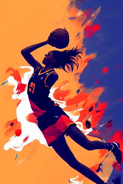 Image similar to a ultradetailed beautiful panting of a woman playing basketball, by conrad roset, greg rutkowski and makoto shinkai, trending on artstation