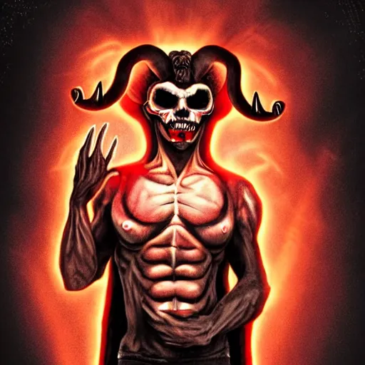 Image similar to the _ devil _ holding _ a _ skull _ red _ horns _ ominous _ fiery _ background _ symmetrical _ detailed _ face _ despair _ highly _ detailed _ high _ resolution _ sandro _ botticel