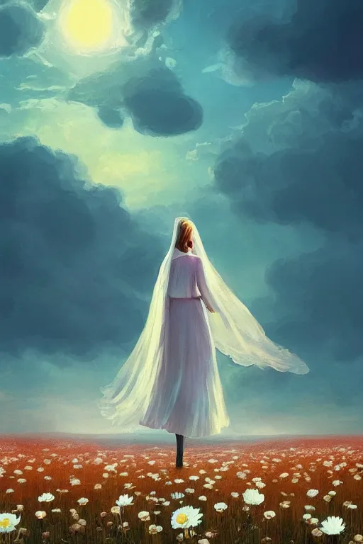 Image similar to giant white daisy flowers as face, girl with veil walking in a flower field, surreal photography, sunrise, dramatic light, impressionist painting, colorful clouds, digital painting, artstation, simon stalenhag