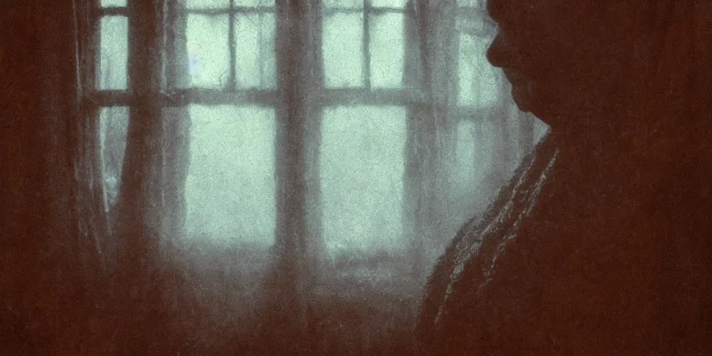 Prompt: portrait bust of old woman, solemn expression, faded color film, russian cinema, tarkovsky, kodachrome, inside old cabin, next to window, heavy forest outside, long brown hair, old clothing, heavy fog, blue hour, hudson river school, 4 k, dramatic lighting, greg rutkowski