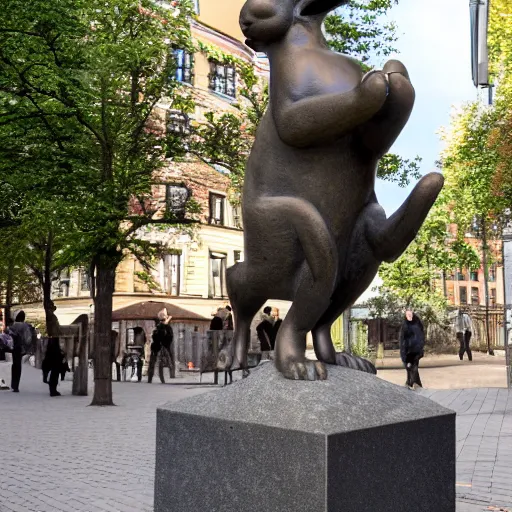 Prompt: a bronze statue of a rabbit, in stockholm, photograph