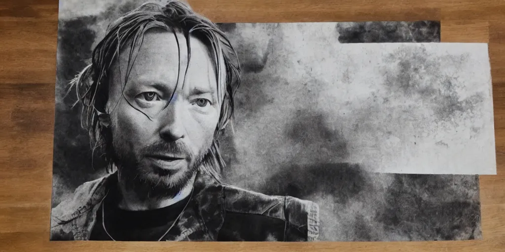 Image similar to photograph of print of thom yorke picture on a table, hyper realistic, variations of thom yorke, high quality photograph, mixed styles, intricate details, trees, diverse colors, deep emotional impact, very wide angle