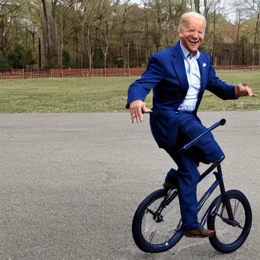 Image similar to a photograph of joe biden riding a unicycle