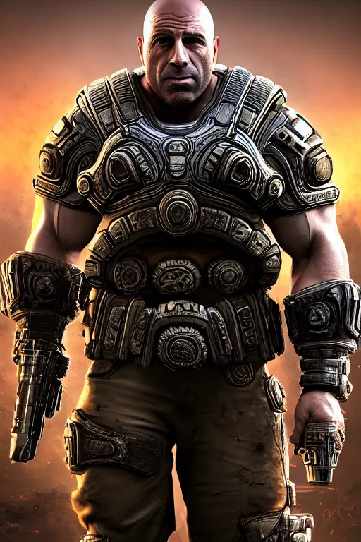 Image similar to Joe Rogan as a smiling muscular Gears of War character, photorealism, full body, HDR ambient background, unreal engine 5, hyperrealistic, highly detailed, XF IQ4, 150MP, 50mm, F1.4, ISO 200, 1/160s, cinematical light, Adobe Lightroom, photolab, Affinity Photo, PhotoDirector 365, realistic