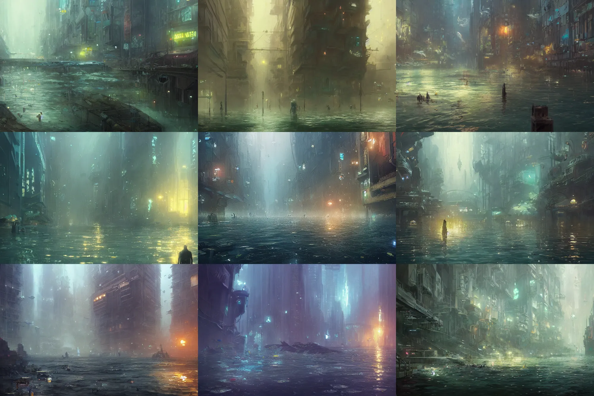 Prompt: city under water, fish, algae, city lights, greg rutkowski, trending on artstation, concept art