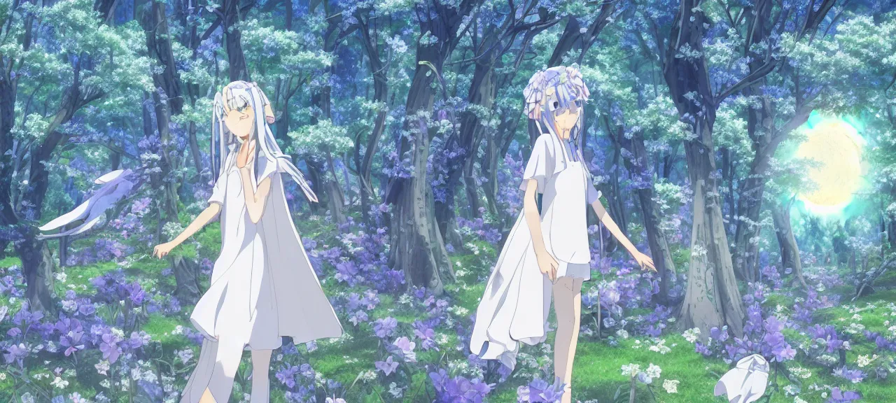 Image similar to illyasviel walking through enchanted ghibli clover | Big Moon at Blue Night | Trees with white flowers | bioluminescent blue FLOWERS | strong blue rimlit | visual-key | anime illustration | highly detailed High resolution | Light Novel | Visual Novel | In the style of Miyama-Zero, Yuuki Hagure